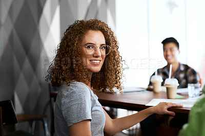 Buy stock photo Woman, smile and portrait at startup, meeting or pride for career with business people at company. Person, employee and happy in workplace with colleagues, confident or job at design agency in Canada