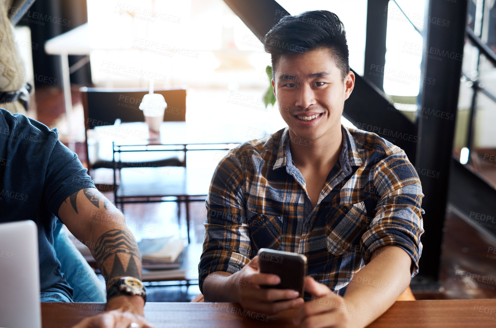 Buy stock photo Portrait, business people and Asian man with smartphone, professional and employees in office. Face, happy consultant and agent for graphic design company, cellphone and digital app with connection