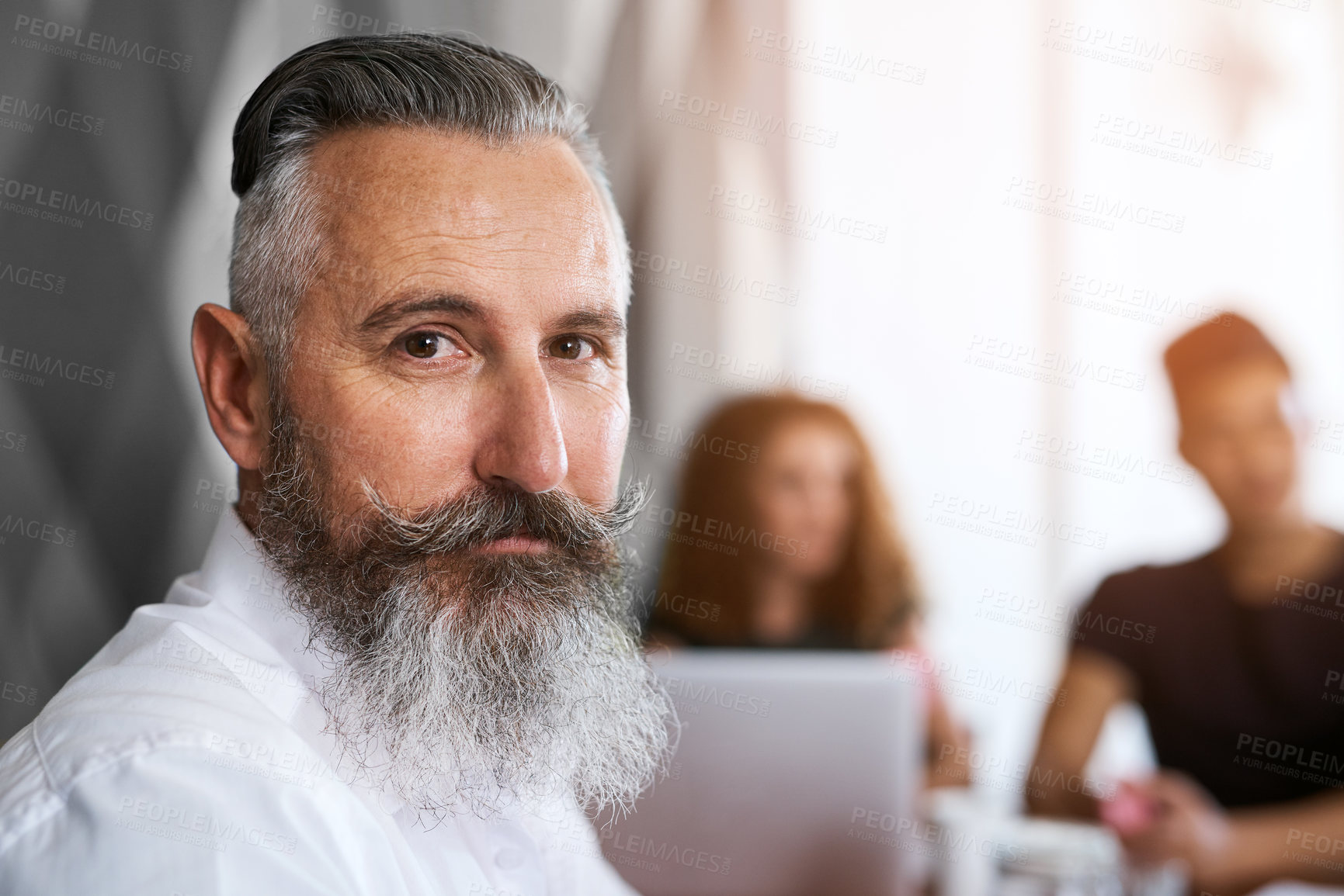 Buy stock photo Mature man, portrait and leader in meeting, professional and office training at marketing agency. Male person, manager and employee supervisor for team planning, confident and workplace for workshop