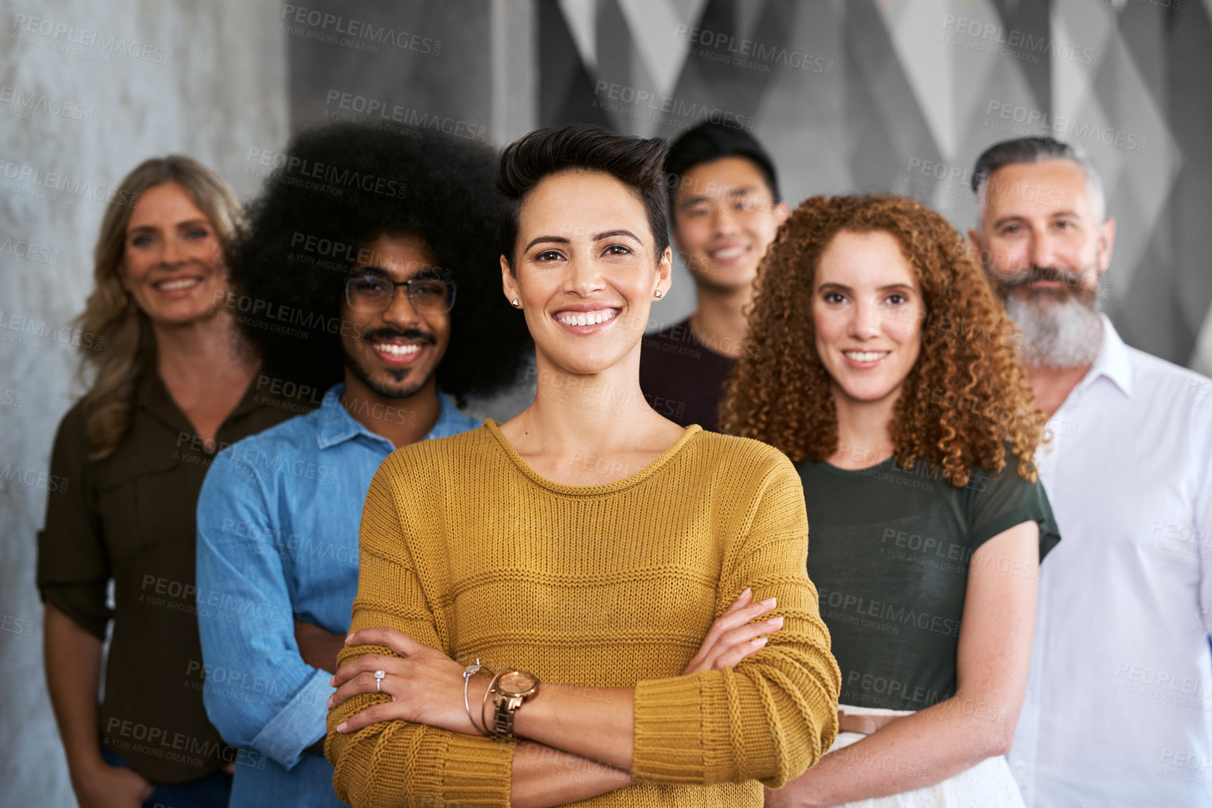 Buy stock photo Creative, employees and smile for portrait, confident and people of sales in company and networking. Happy, teamwork and executive in deal, proposal or office of startup, face or writer in business