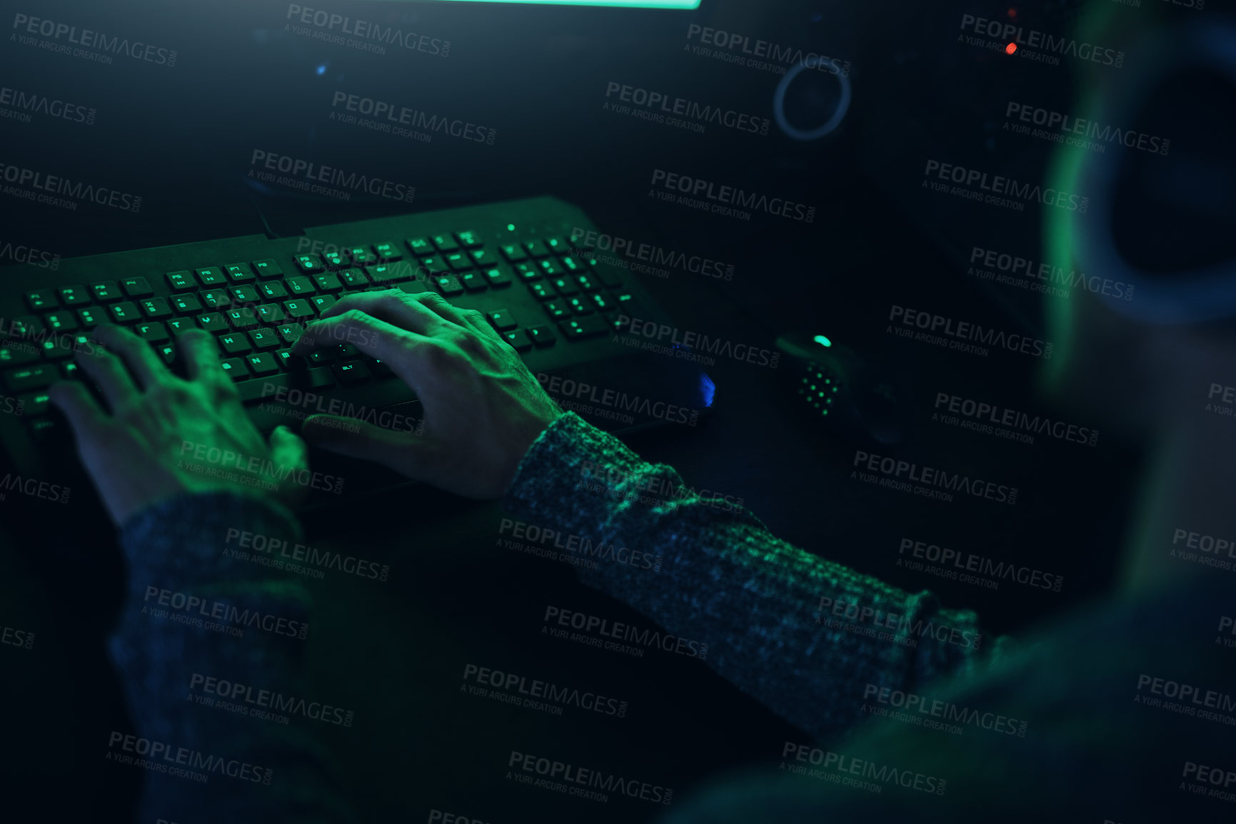 Buy stock photo Shot of an unrecognizable  man typing on a keyboard in a dark room at home