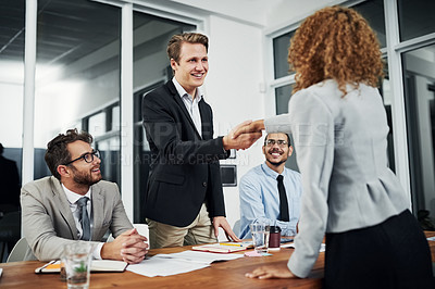 Buy stock photo Professional, meeting and welcome an employee for recruitment after an agreement at the office. Hr, business and hiring staff with hand shake for a collaboration during an interview at a workplace.