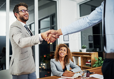 Buy stock photo Businessman, shake hand and meeting for an agreement and collaboration after sign contract. Professional, handshake and hiring during recruitment and a negotiation for a new worker in the company. 