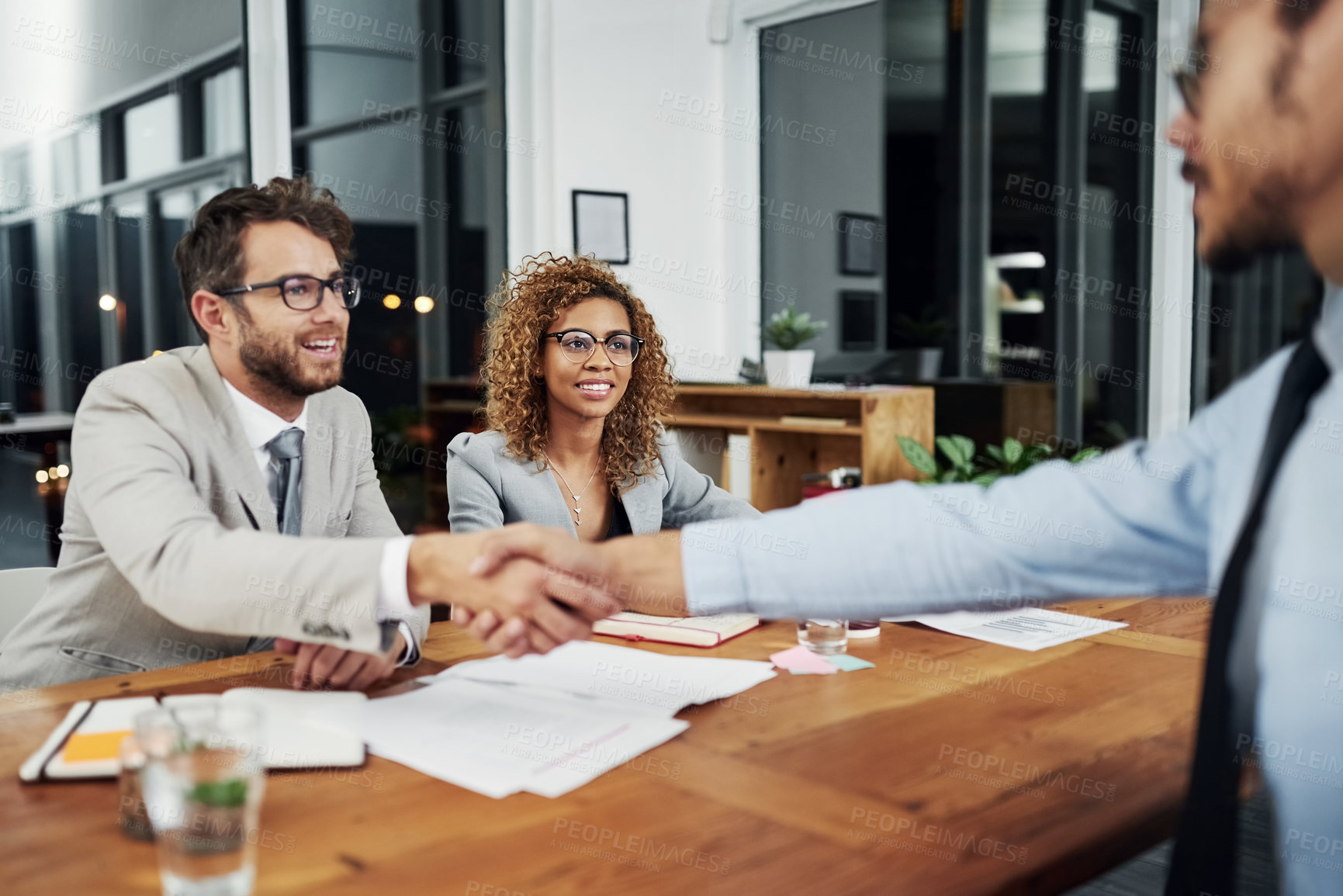 Buy stock photo Professional, handshake and welcome an employee for discussion about collaboration at the office. Employer, interview and smile with businessman to shake hand for contract agreement during deal.