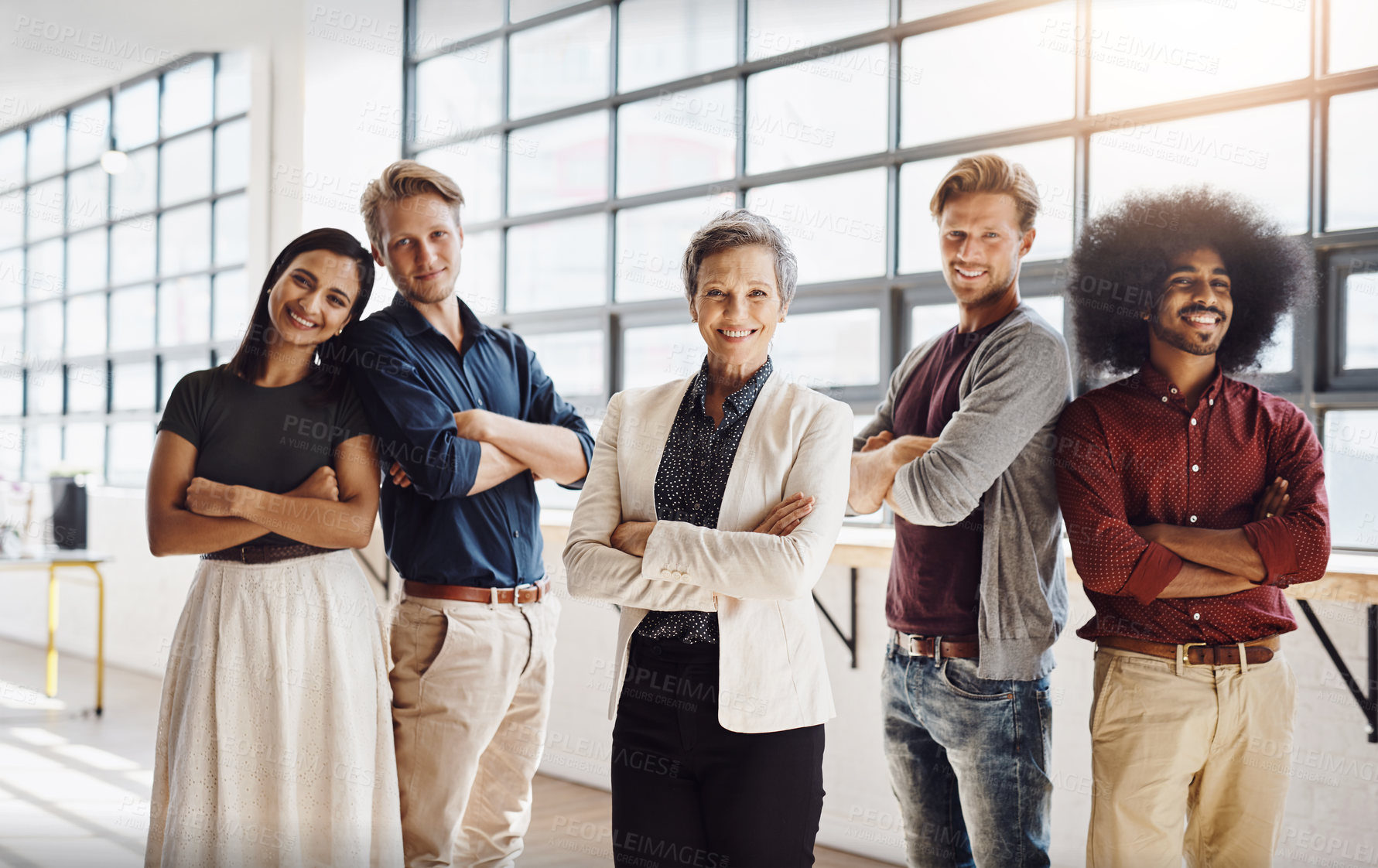 Buy stock photo Business people, group portrait and arms crossed for creative collaboration, trust and diversity in office. Design employees, women and men with pride for solidarity, about us and workplace inclusion