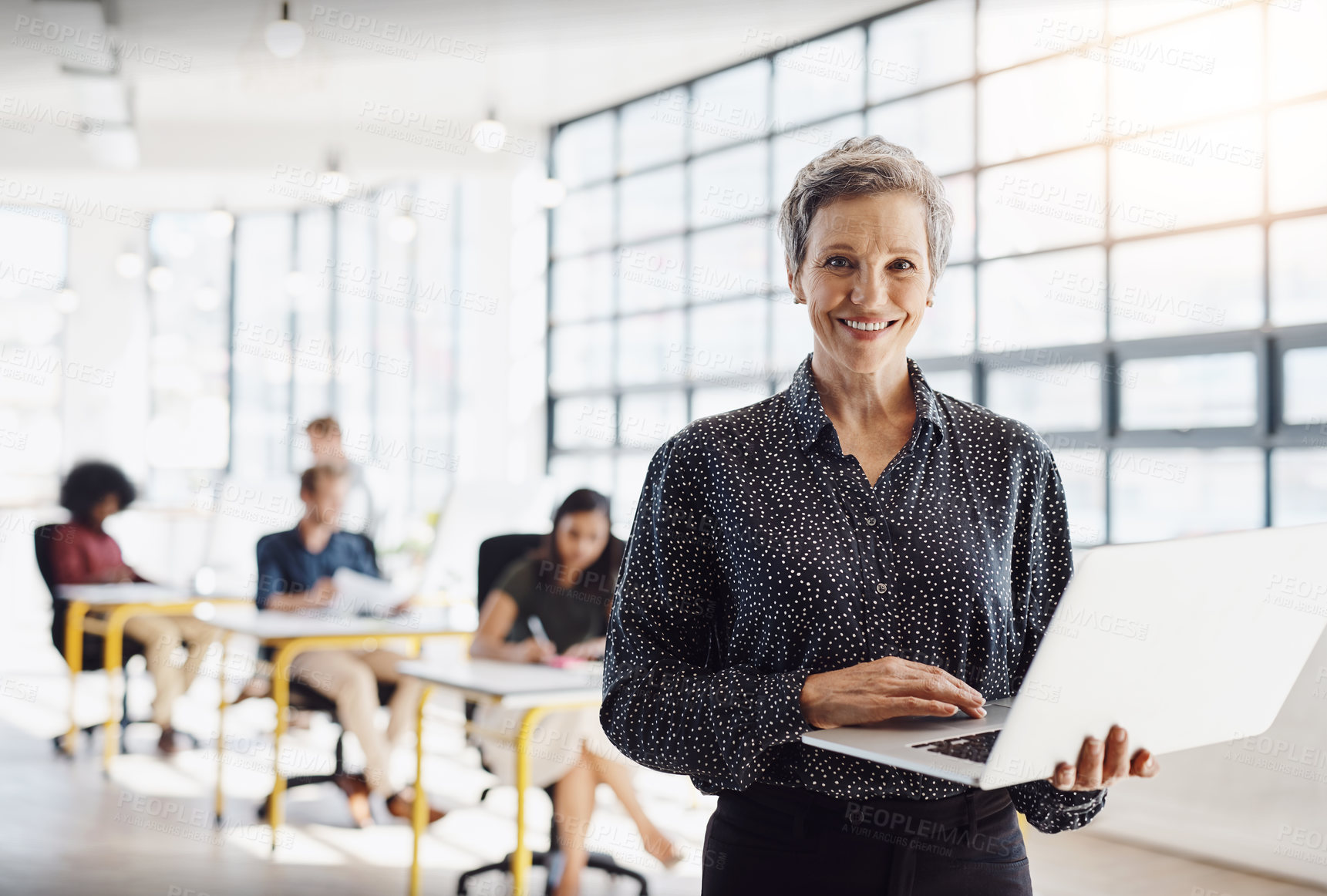 Buy stock photo Design, office and portrait of woman on laptop in coworking space with confidence, erp and web research. Smile, face and creative professional with online app for project management at digital agency