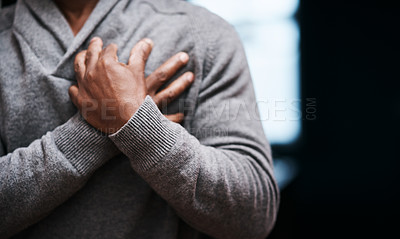 Buy stock photo Man hands on chest, heart attack and cardiovascular problem, medical emergency and trouble breathing with closeup space. Sick male person, cardiac arrest and health crisis, pain with angina and weak
