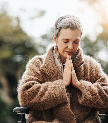 Buy stock photo Old woman in wheelchair, praying in garden with worship and God, faith and religion with peace outdoor. Spiritual, female person with disability has gratitude and faith, prayer and guidance