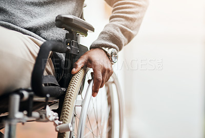 Buy stock photo Mature person, hand and wheelchair for mobility with injury, arthritis and illness with help or support. Mockup space, patient with a disability and physio for recovery, rehabilitation and medical 