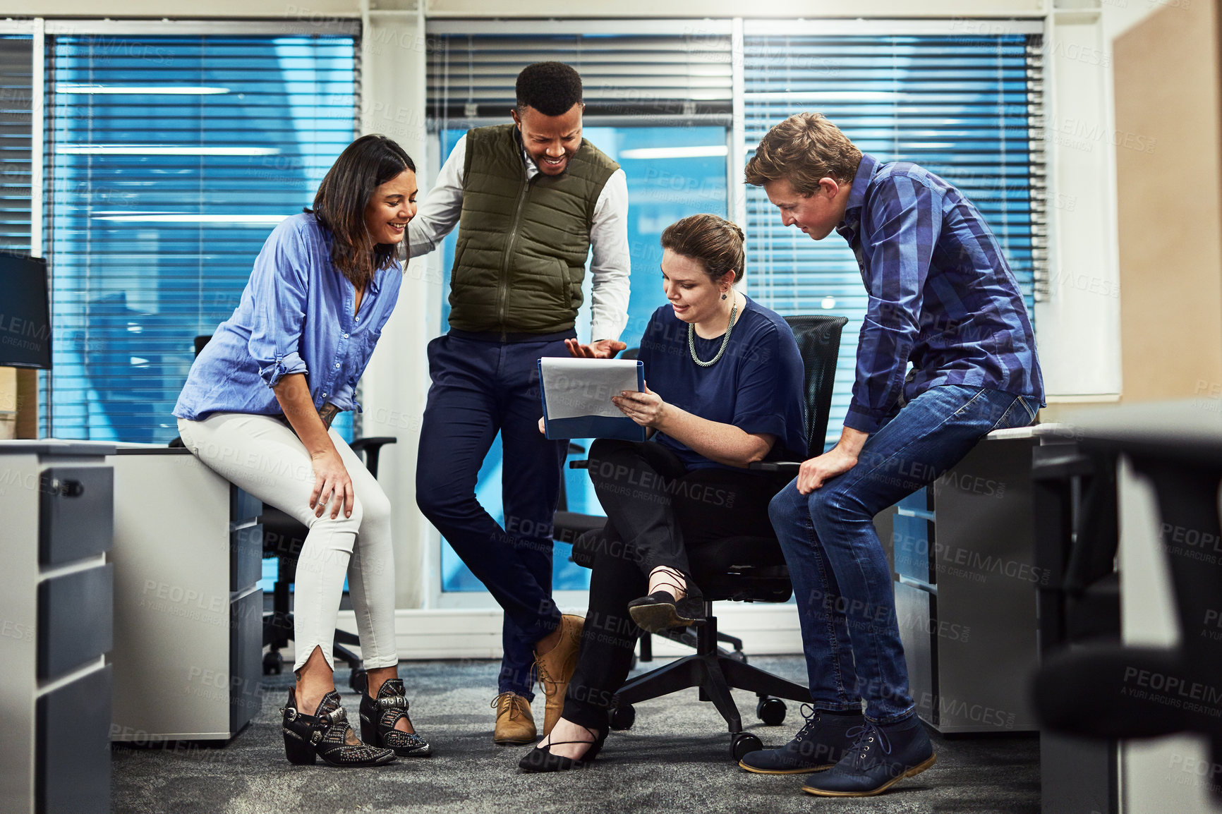 Buy stock photo People, office and smile with writing on notebook for ideas, planning and strategy for project. Employee, leader and happy with teamwork or collaboration and training for skill development and growth