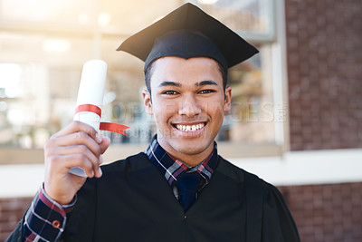Buy stock photo Portrait of a young student on graduation day