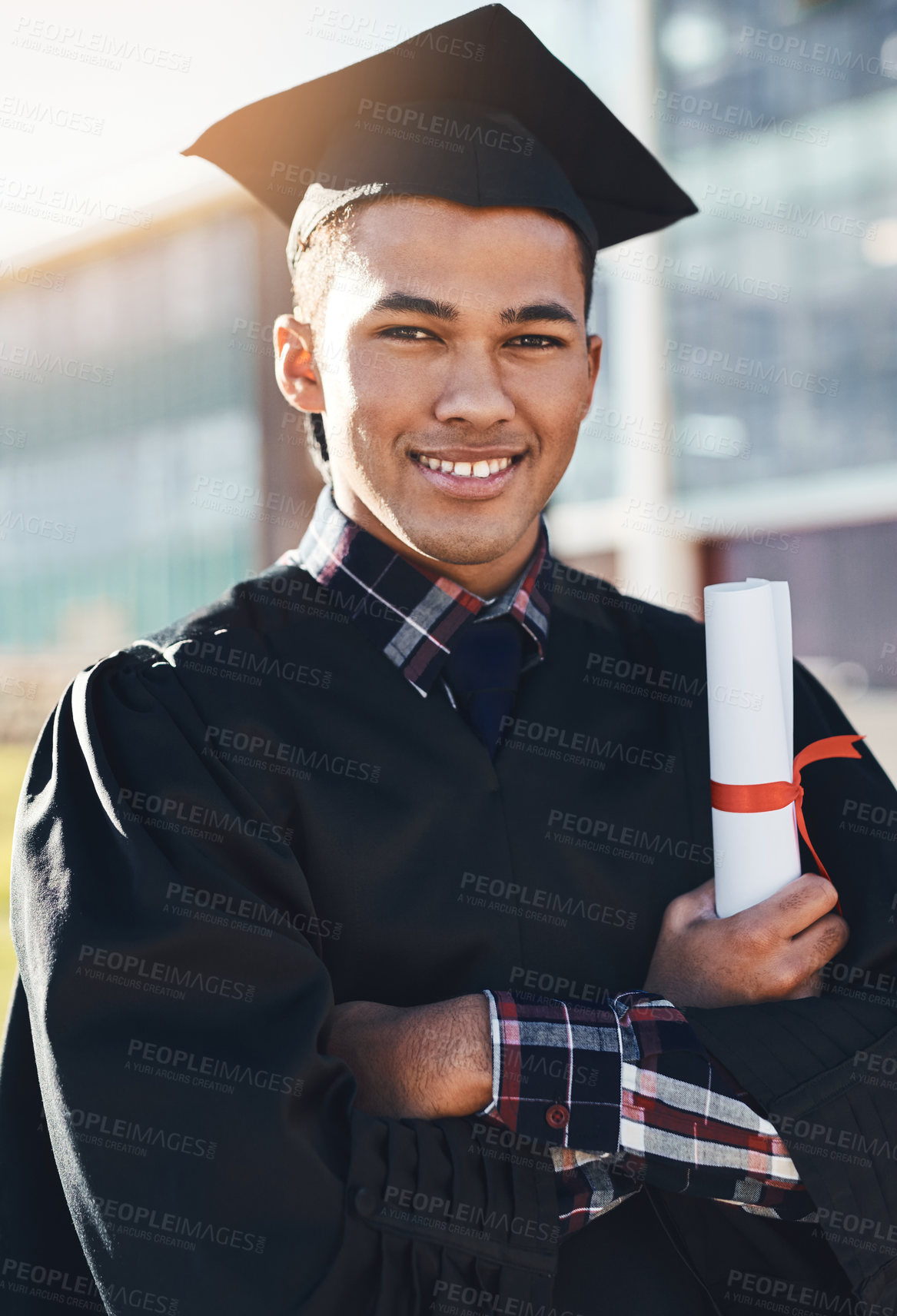 Buy stock photo Diploma, university and portrait of man at graduation celebration with smile, achievement and education. School, opportunity and happy college student on campus with certificate at award ceremony