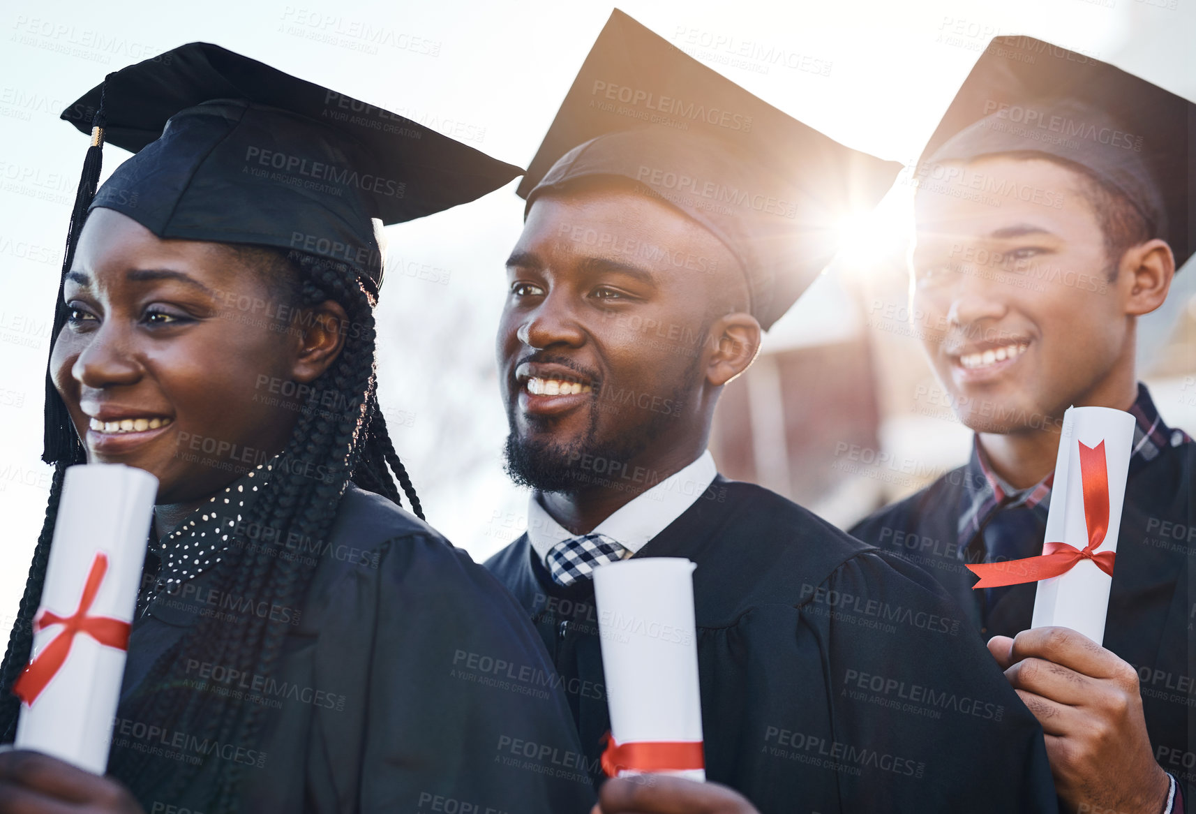 Buy stock photo Success, smile and students at graduation with certificate, achievement award and college education. Opportunity, women and men with diploma, diversity and happy university friends on campus together