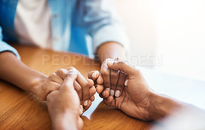 Buy stock photo Empathy, faith and trust with friends and holding hands for comfort, kindness and gratitude. Hope, help and support with closeup of people at home for depression during cancer, praying or forgiveness