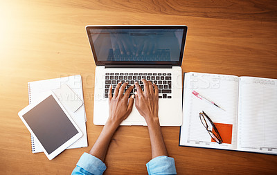 Buy stock photo Woman hands, tech typing and laptop with work from home and business planning. Freelancer, female person and above of computer with paperwork, notebook and writing in a house doing web research