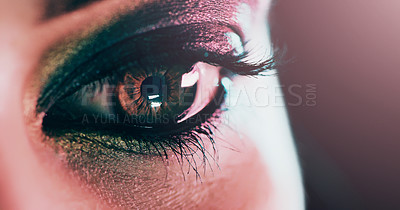 Buy stock photo Closeup, person and makeup for eye with lashes, mascara and cosmetology with glamour, beauty and cosmetic care. Eyeshadow, powder or foundation, eyelash and iris for perception, feminine and elegance