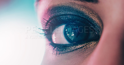 Buy stock photo Closeup, person and makeup for eye with eyeshadow, mascara and cosmetology with glamour, beauty and cosmetics. Eyeliner, powder or glitter, eyesight and iris for perception, vision and elegance