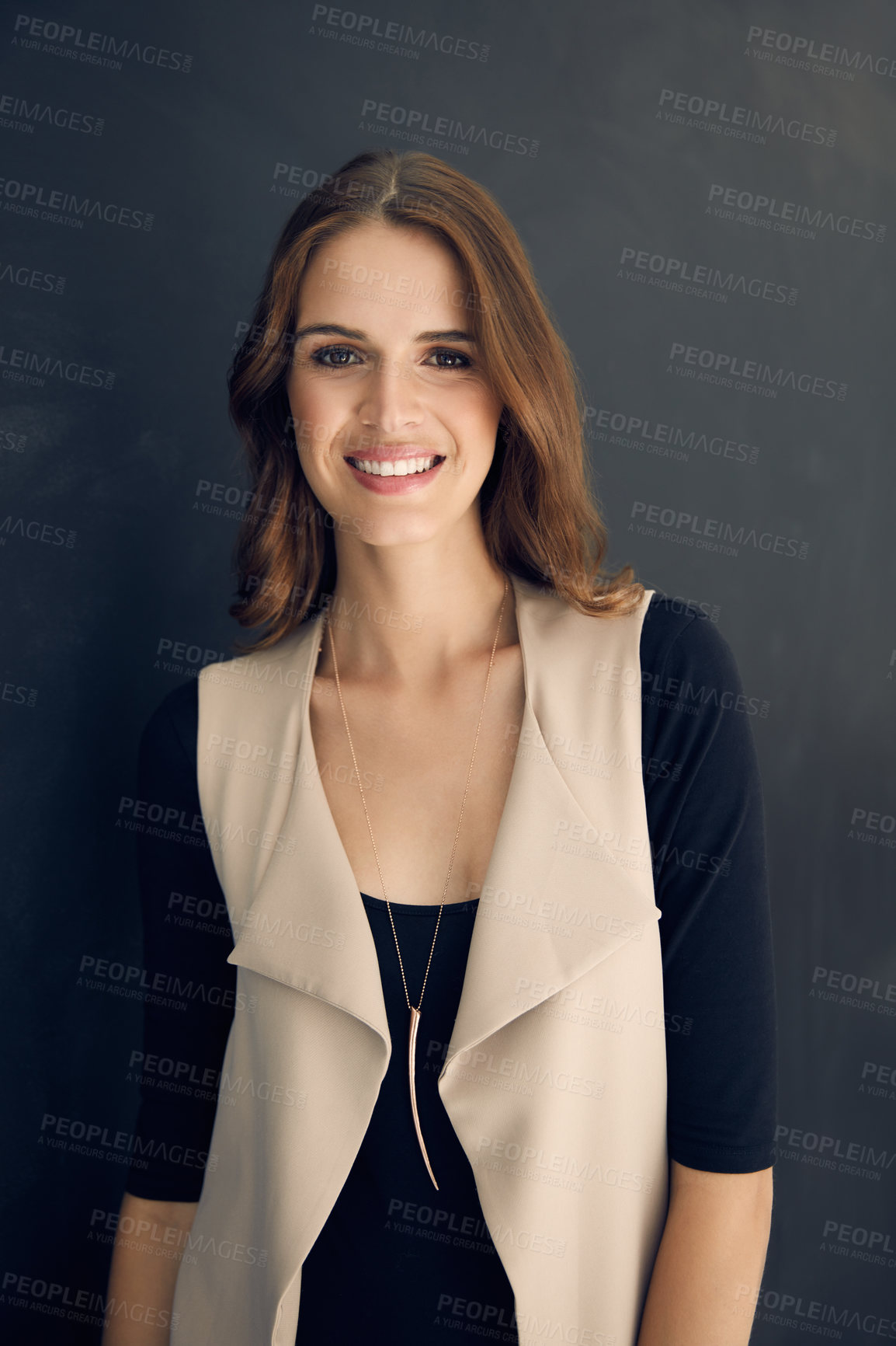Buy stock photo Fashion, portrait or woman in studio with smile, pride or job goals as clothing specialist. Happy, about us or designer on dark background with confidence, stylist or experience in creative industry.