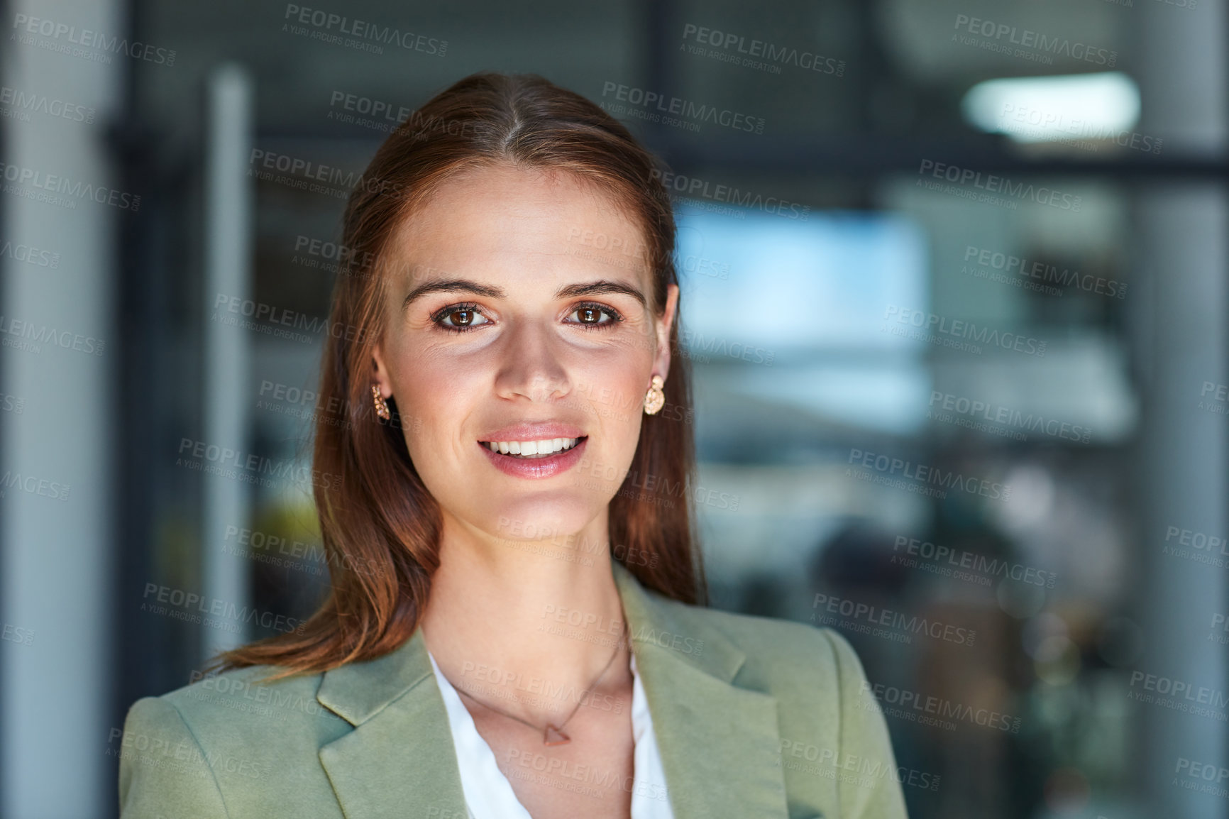 Buy stock photo Business, portrait and happy woman in office with confidence for career growth, opportunity or internship. Professional, media agency and employee for content creation, journalist or creative writer