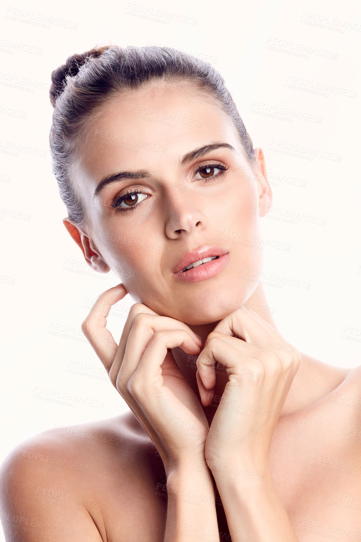 Buy stock photo Beauty, face and model portrait with skincare for natural, clean and luxury cosmetic with mock up. Health, makeup and beautiful woman cosmetics with hairstyle treatment isolated in white studio