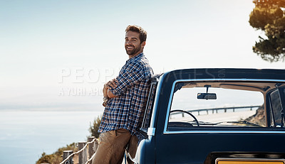 Buy stock photo Road trip, travel and portrait of man by car for adventure, summer vacation and holiday on space. Transport mockup, relax and male person in motor vehicle for freedom, journey and happy by ocean