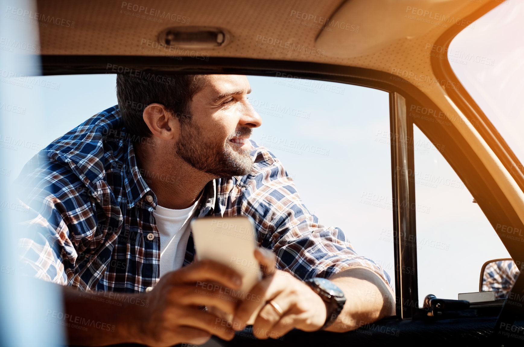 Buy stock photo Happy, man and phone with car for road trip of communication, travel and online gps of holiday location. Smile, male person and mobile for vehicle help, navigation route and vacation destination