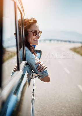Buy stock photo Road trip, travel and happy woman in window of car for adventure, summer vacation and holiday. Transport, relax and face of female person in motor vehicle for freedom, journey and excited for weekend