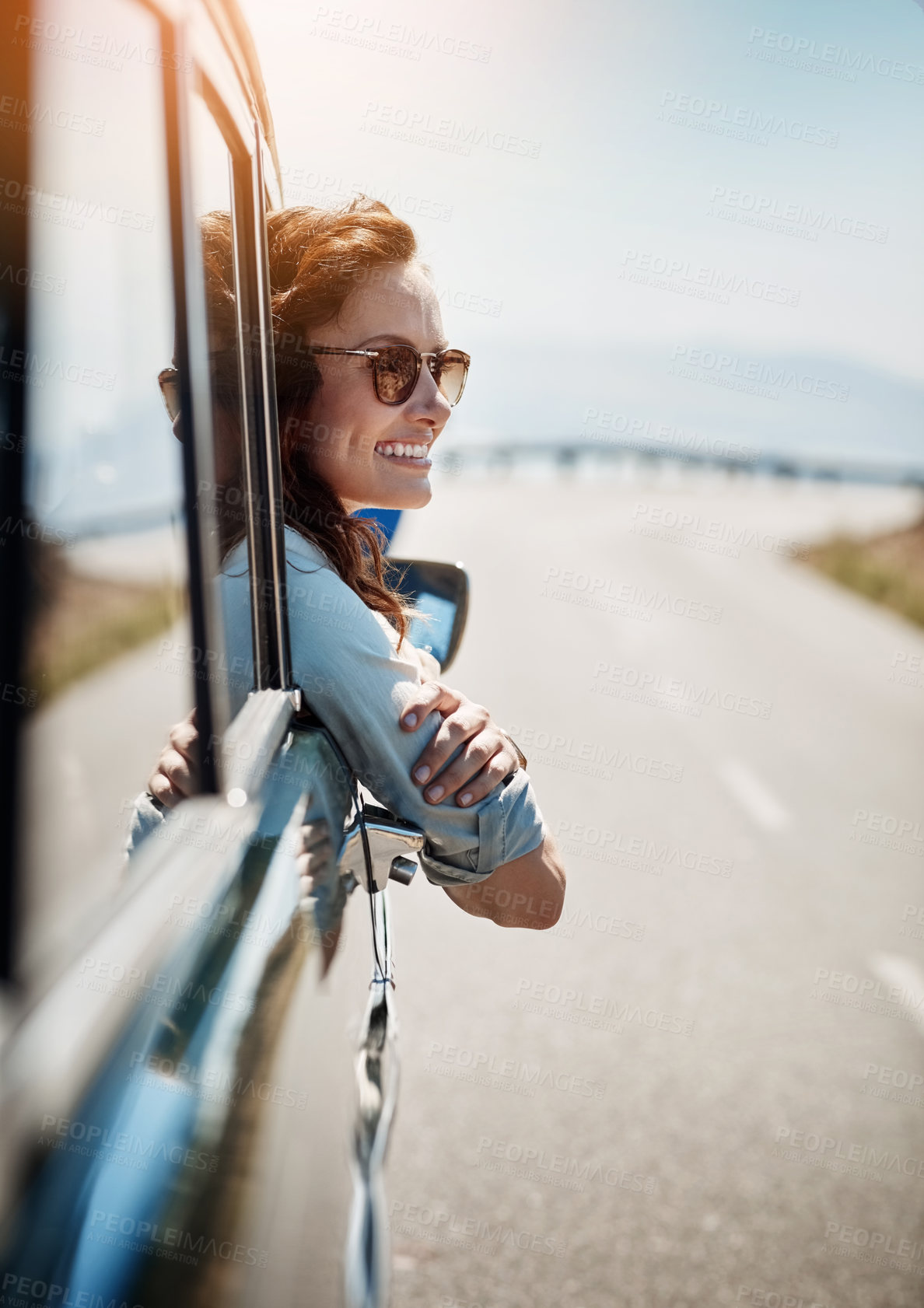 Buy stock photo Road trip, travel and happy woman in window of car for adventure, summer vacation and holiday. Transport, relax and face of female person in motor vehicle for freedom, journey and excited for weekend