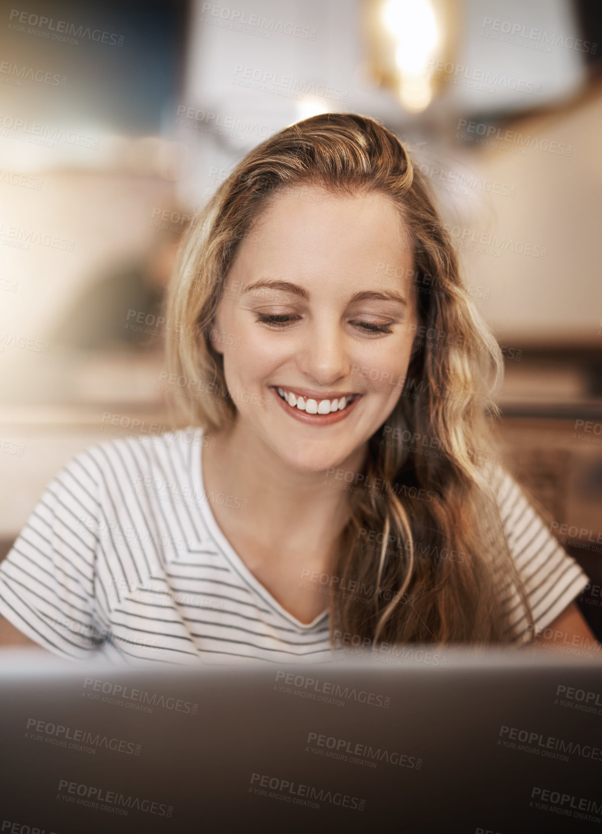 Buy stock photo Happy, student and girl in cafe, study and typing of project with laptop, online course and education with web. Digital, college and reading of notes for exam, computer and person with smile in shop