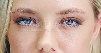 Buy stock photo Cosmetic, optical and blue eyes with natural iris color for long eyelashes and mascara. Makeup, beauty and awake woman with vision, sight and eyecare for dilating pupil with genes for optometry.