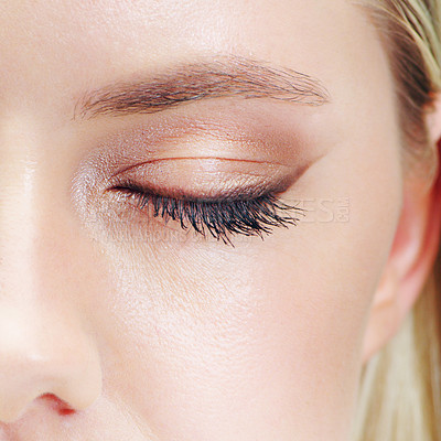 Buy stock photo Closeup of closed eye, woman with lashes and eyeshadow for beauty, cosmetics and mascara with cosmetology. Skin, wellness and eyeliner with makeup for glamour, elegance and thick eyelash with volume