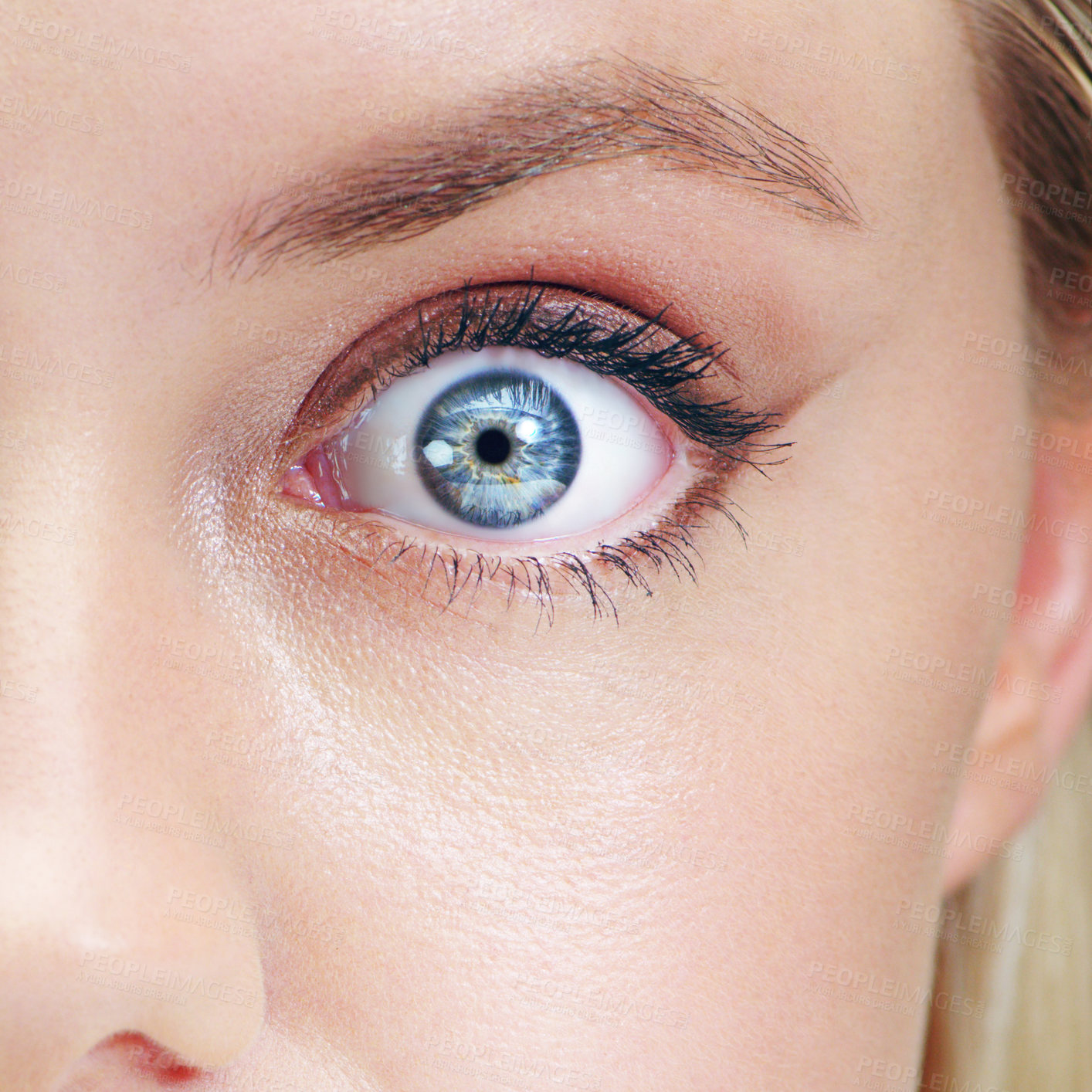 Buy stock photo Cosmetic, beauty and blue eye with natural iris color for long eyelashes and mascara. Makeup, optical and closeup of awake woman with vision, sight and eyecare for dilating pupil for optometry.