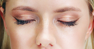 Buy stock photo Closeup of closed eyes, woman with lashes and eyeshadow for beauty, cosmetics and mascara with cosmetology. Skin, wellness and eyeliner with makeup for glamour, elegance and thick eyelash with volume
