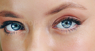 Buy stock photo Makeup, lens and blue eyes with natural iris color for long eyelashes and mascara. Cosmetic, optical and closeup of awake woman with vision, sight and eyecare for dilating pupil for optometry.