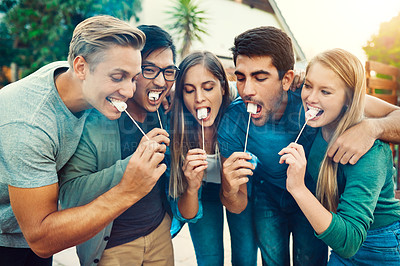Buy stock photo Shot of a group of young friends posing together while eating marshmallows on sticks outside
