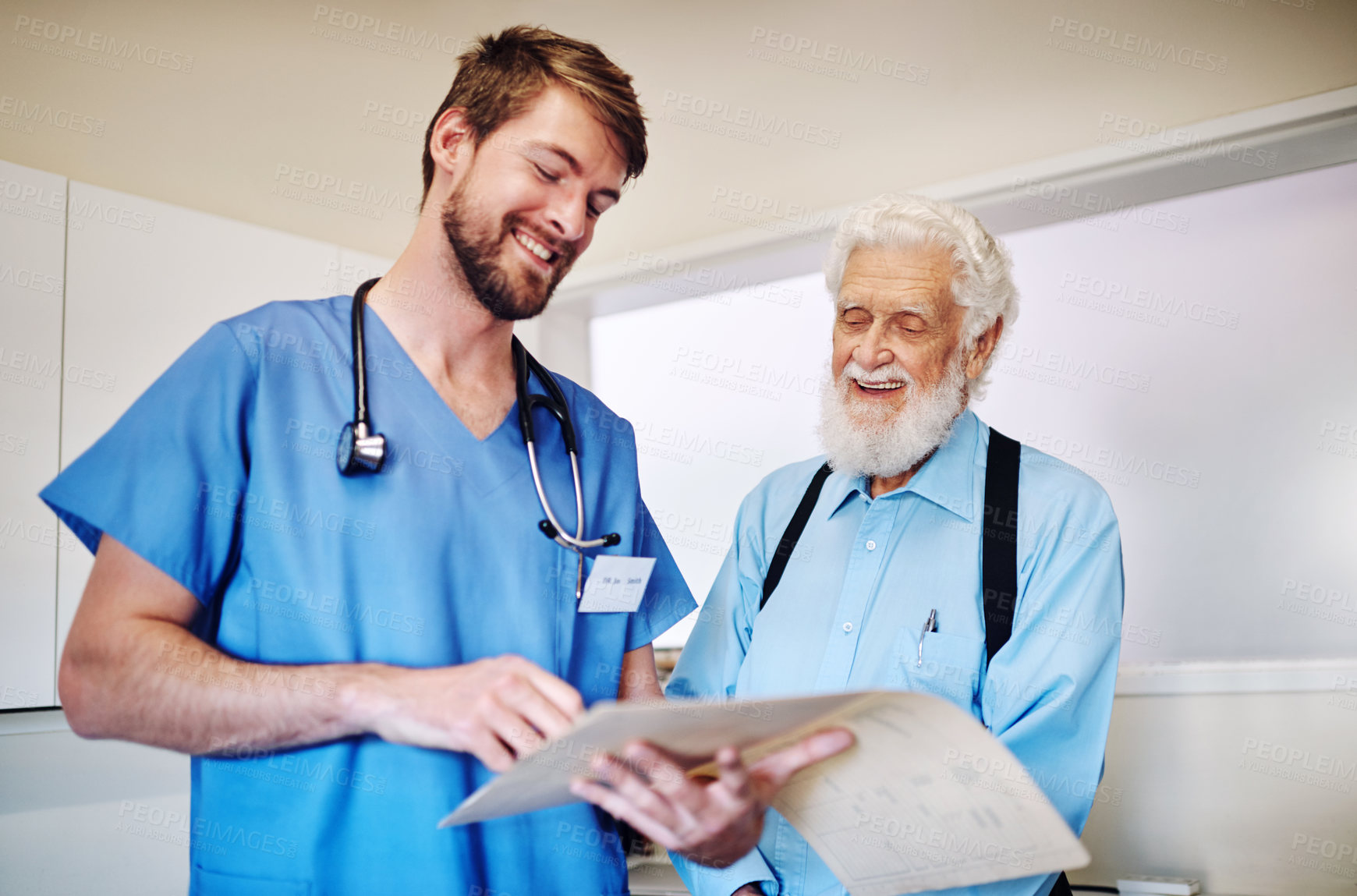 Buy stock photo Senior, man or nurse with documents in consultation for medical diagnosis or happy for test results. Elderly patient, doctor and health report for recovery treatment, planning or assessment in clinic