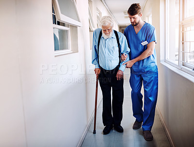 Buy stock photo Nurse, senior patient and help walking, moving or healthcare in nursing home, retirement and medical caregiver. Elderly, man and support from physical therapy, doctor or health care in hospital