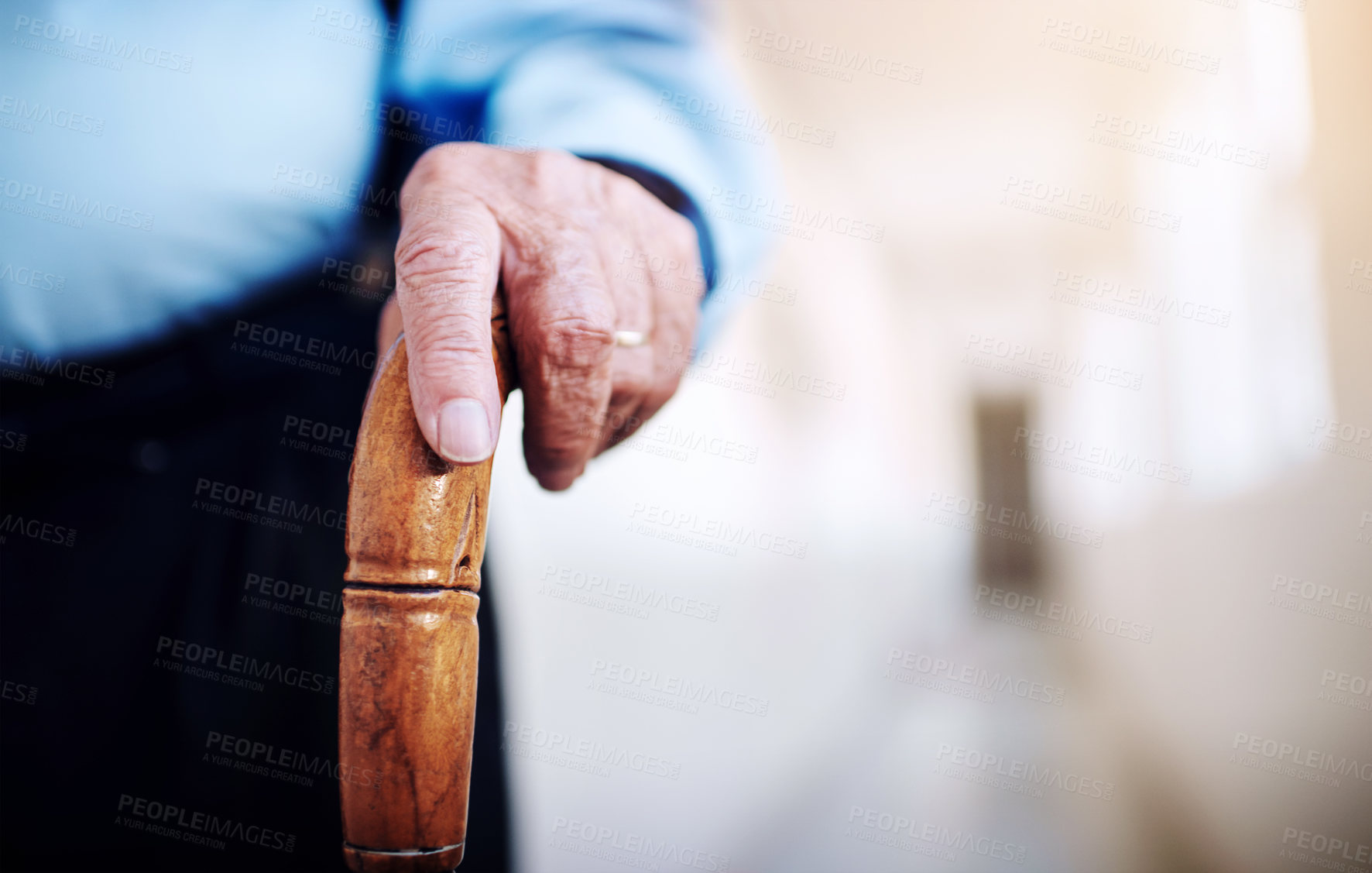 Buy stock photo Retirement, hand and senior person with cane in closeup for balance, support and recovery from stroke. Health and people with disability and walking stick for patient and rehabilitation in hospital