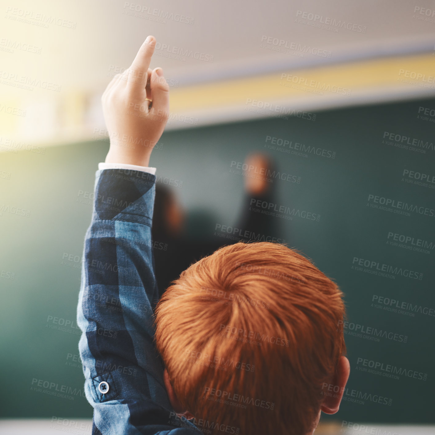 Buy stock photo Cropped shot of elementary school children raising their hands to ask questions in the class