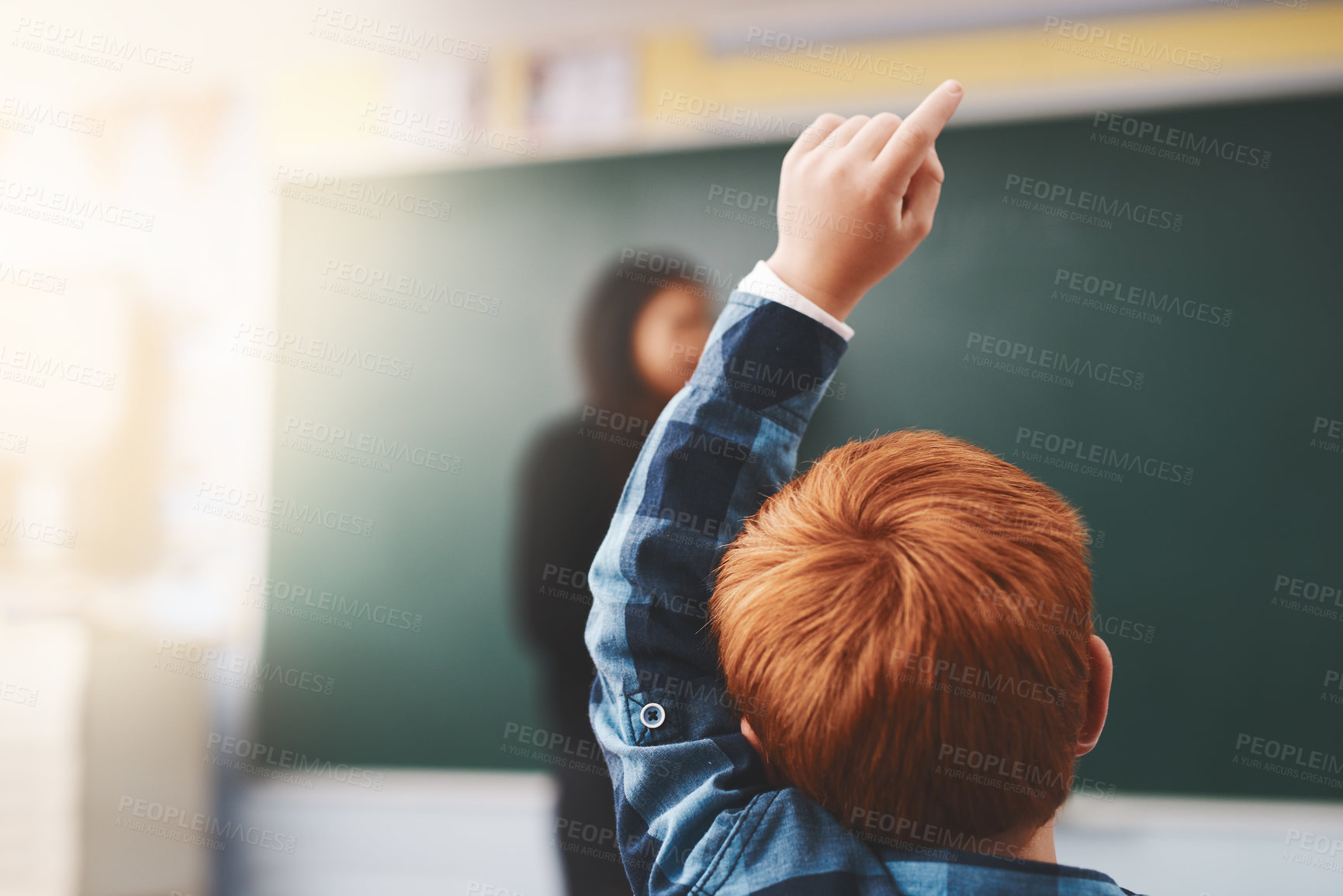Buy stock photo Hand, student and child in classroom with question for teacher, education and learning with school blackboard. Boy, raise arm and questions for knowledge, information and  development in class