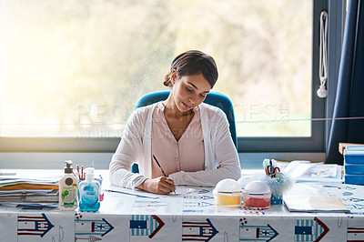 Buy stock photo Woman, educator and writing in classroom for student exercise, test and assessment for brain development. Female person, teacher and marking or grading with learner assignment and creativity