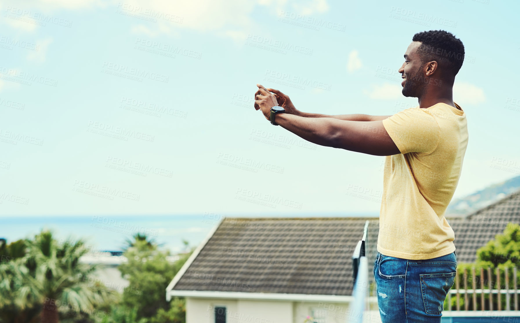 Buy stock photo Man, selfie and happy outdoor on balcony with for profile picture update, social media post and travel memory. Tourist, person or photography in nature for vacation, mockup and summer trip for fun