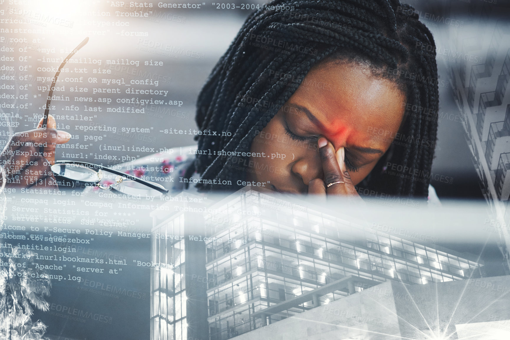 Buy stock photo Black woman, headache and business with stress on overlay for anxiety, strain or pressure at office. Tired African, female person or software developer with migraine or depression in double exposure