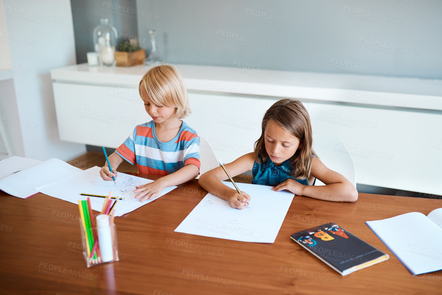 Buy stock photo Home school, kids and siblings drawing for learning, education and children studying together. Paper, boy and girl with creative art, homework and sketch with color pencil for cognitive development