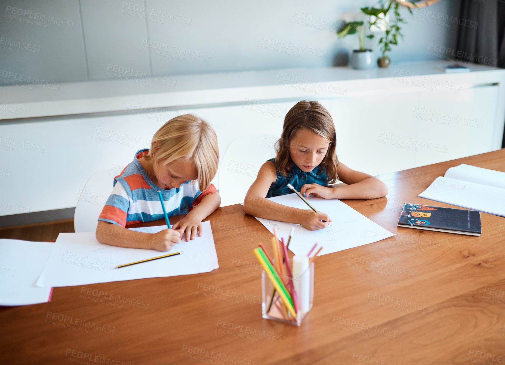 Buy stock photo Home school, kids and siblings drawing for education, learning and children studying together. Paper, boy and girl with creative art, homework and sketch with color pencil for cognitive development