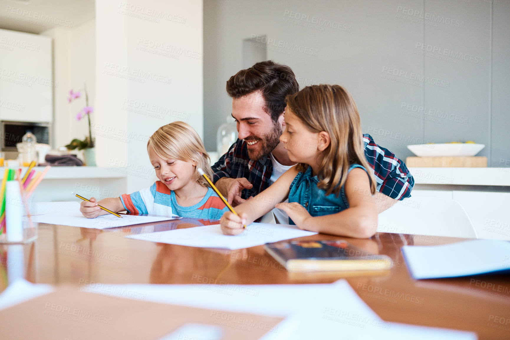 Buy stock photo Father, children and paper in home for education, distance learning and creativity for growth. Dad, kids and happy at table for fun activity, art project and drawing skill development in lesson