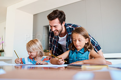 Buy stock photo Father, kids and writing in home for education, distance learning and creativity for growth. Dad, children and happy at table for fun activity, art project and drawing skill development in lesson