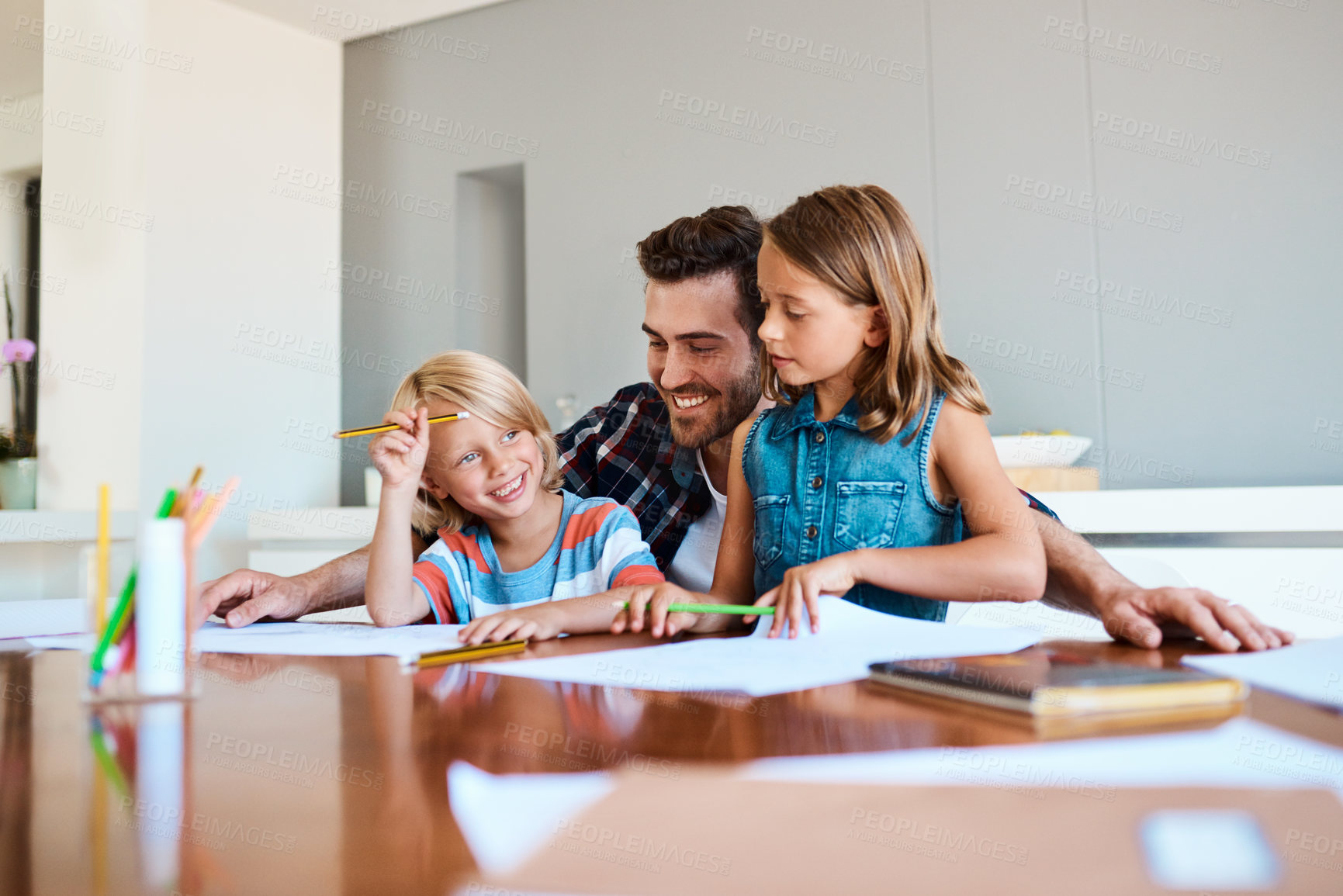 Buy stock photo Home school, happy father and kids learning for education, family drawing or help for studying. Dad, children and creative art for homework, lesson and teaching people to sketch for skill development