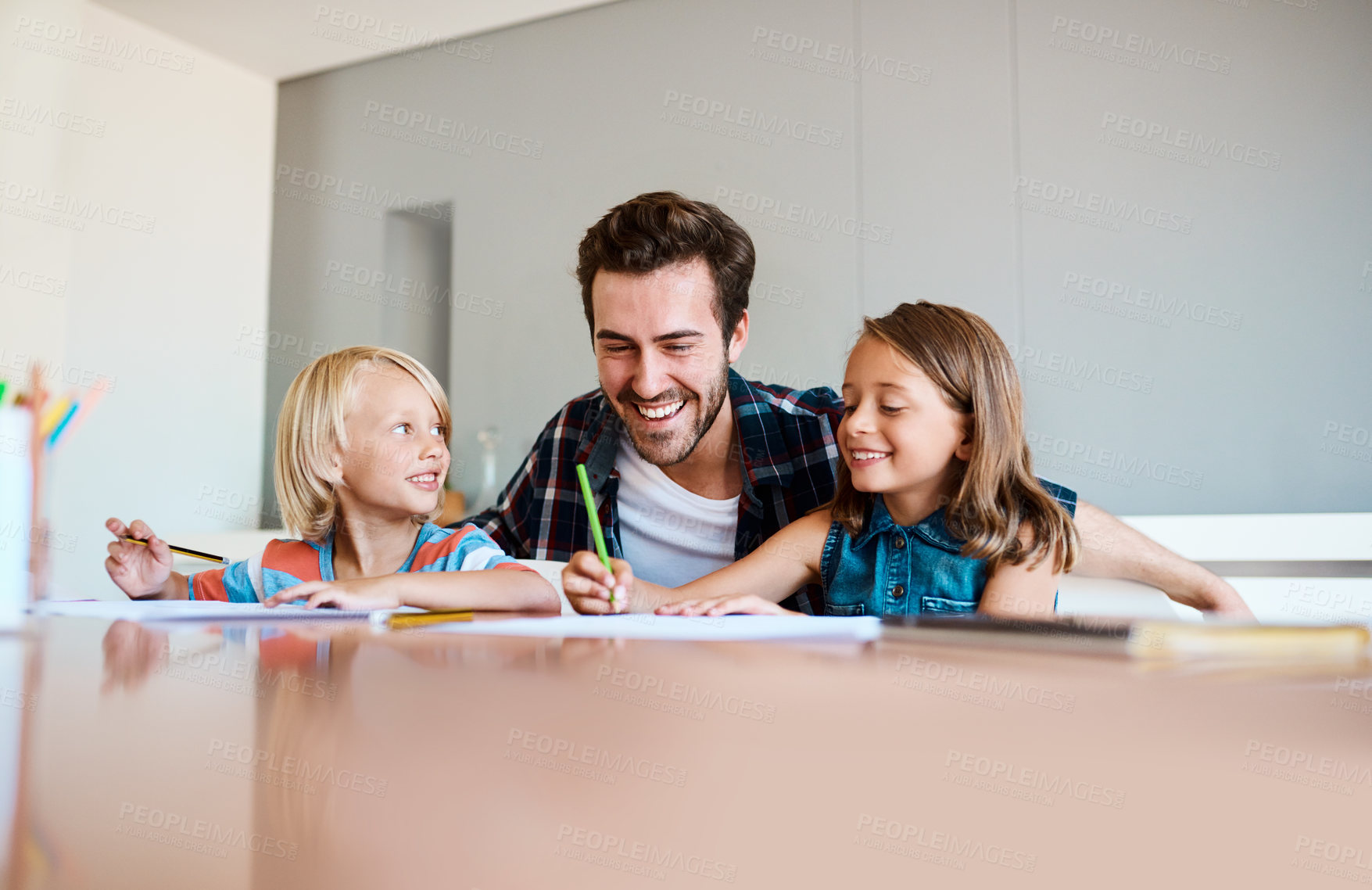 Buy stock photo Home school, happy father and kids learning drawing, education and help with studying in family house. Dad, children and creative art for homework, writing and teaching people for skill development