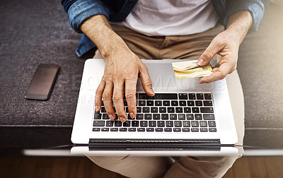 Buy stock photo Top view, hands and laptop with credit card, man and typing for online shopping, cybersecurity and payment. Man, computer and fintech on internet for discount, sale or deal with password for banking